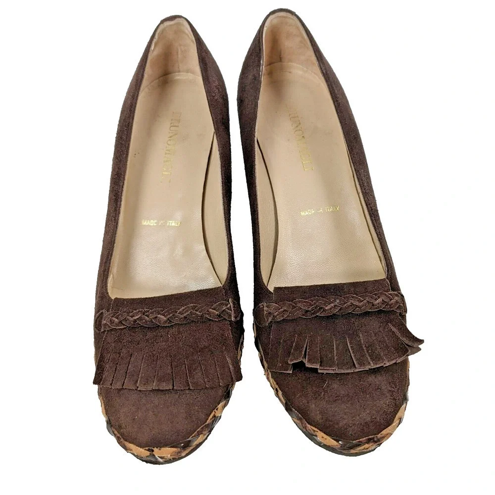 Bruno Magli Brown Suede Kiltie Wedge Heel Italy SZ 39 US 8.5 Shoe